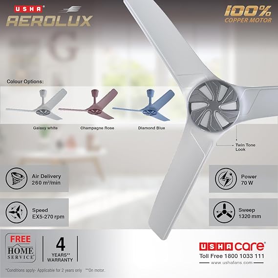 USHA Aerolux EX5 1320 mm प्रीमियम डिज़ाइन, साइलेंट सीलिंग फैन ABS ब्लेड के साथ (गैलेक्सी सफ़ेद) - Image 3